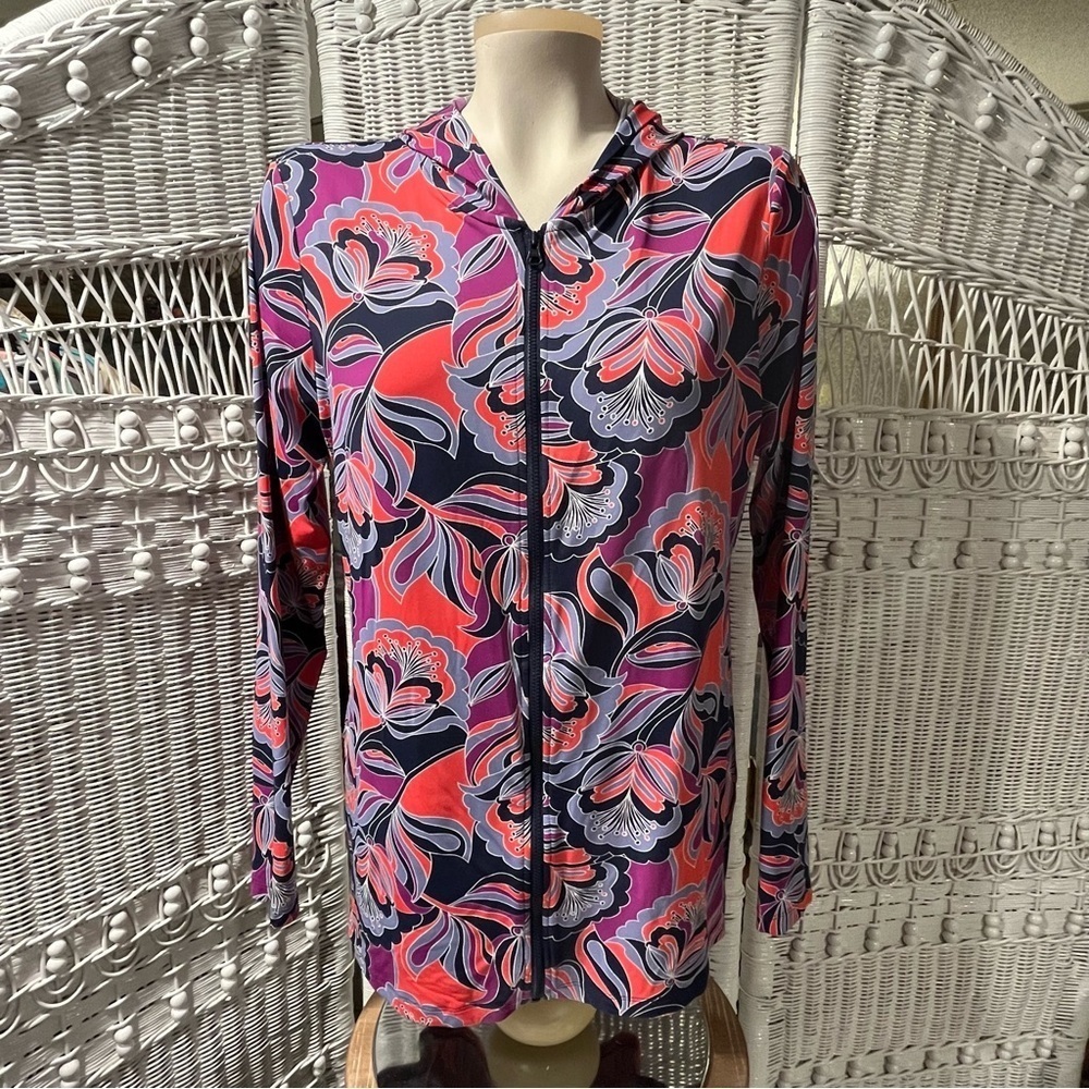LANDS END Windbreaker Jacket MOD Floral Abstract Full Zip‎ Hooded Nylon Womens M